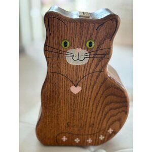 Vintage Nuthatch Wooden Cat Piggy Bank With Heart & Green Eyes